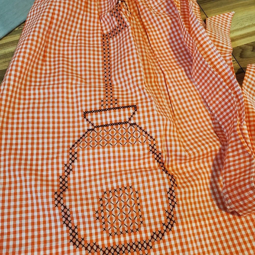 Vintage Hand Embroidered Orange Gingham Half Apron Lightweight Cottage Core